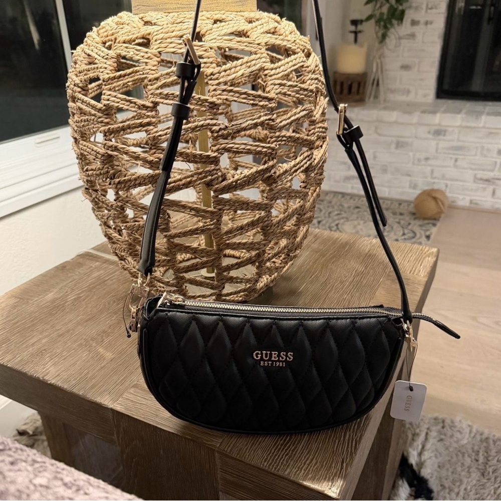 Guess Quilted Black Shoulder Bag with Gold Logo
